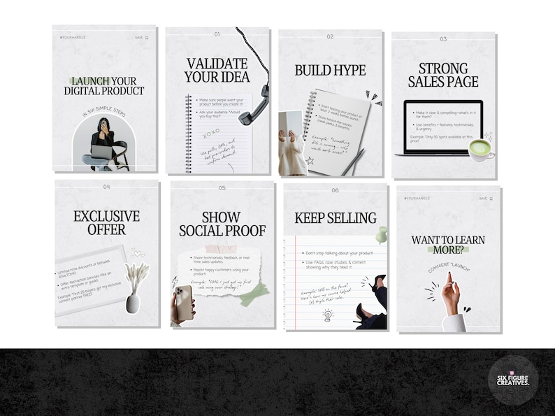May include: A series of eight informational cards with text and illustrations. The cards cover topics like launching a digital product, validating ideas, building hype, and creating a strong sales page. The cards have a minimalist design with a neutral color palette.