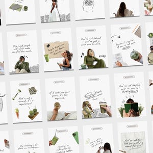 Puede incluir: Una colección de tarjetas blancas con citas motivacionales e ilustraciones. Cada tarjeta presenta texto, imágenes y elementos de diseño como papel rasgado y dibujos. Las tarjetas tienen una estética consistente, con un enfoque en la superación personal y el estilo de vida.