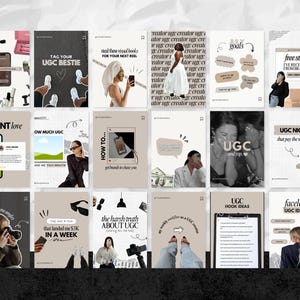 May include: A collection of social media posts with a neutral color palette. The posts cover topics like UGC, content creation, and marketing strategies. Text includes "UGC BESTIE", "CLIENT love", "HOW TO...", and "UGC HOOK IDEAS".