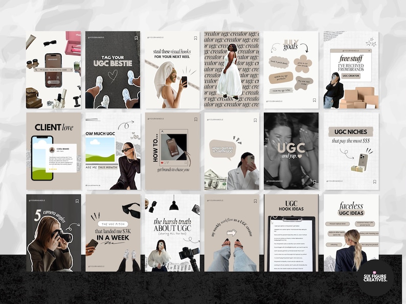 May include: A collection of social media posts with a neutral color palette. The posts cover topics like UGC, content creation, and marketing strategies. Text includes "UGC BESTIE", "CLIENT love", "HOW TO...", and "UGC HOOK IDEAS".