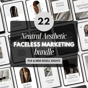 Puede incluir: Una colecci&oacute;n de 22 gu&iacute;as y cuadernos de trabajo de marketing digital, presentados en tabletas. El t&iacute;tulo "Neutral Aesthetic Faceless Marketing bundle" se muestra de forma destacada. Las gu&iacute;as cubren temas como redes sociales y creaci&oacute;n de contenido.