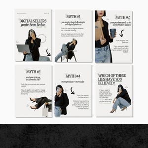 May include: A series of six white posters with black text and images. The posters address myths about digital selling, with titles like "Digital Sellers You've Been Lied To" and "Which of These Lies Have You Believed?" The bottom right corner has a logo.