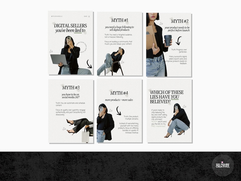 May include: A series of six white posters with black text and images. The posters address myths about digital selling, with titles like "Digital Sellers You've Been Lied To" and "Which of These Lies Have You Believed?" The bottom right corner has a logo.