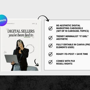 May include: Digital marketing carousel templates with the text "DIGITAL SELLERS you've been lied to". The image includes a woman holding a phone and laptop. The Canva logo is visible. The templates are fully editable and ready to post.