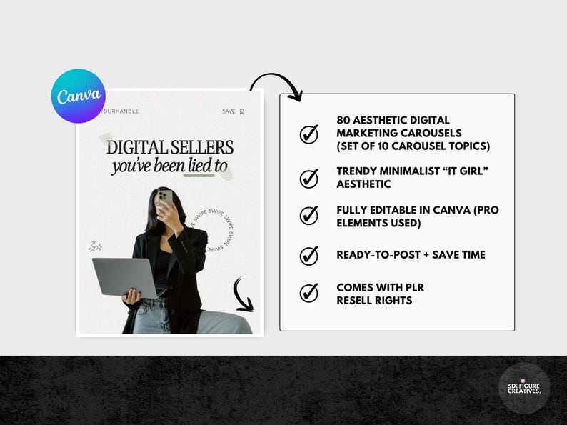 May include: Digital marketing carousel templates with the text "DIGITAL SELLERS you've been lied to". The image includes a woman holding a phone and laptop. The Canva logo is visible. The templates are fully editable and ready to post.