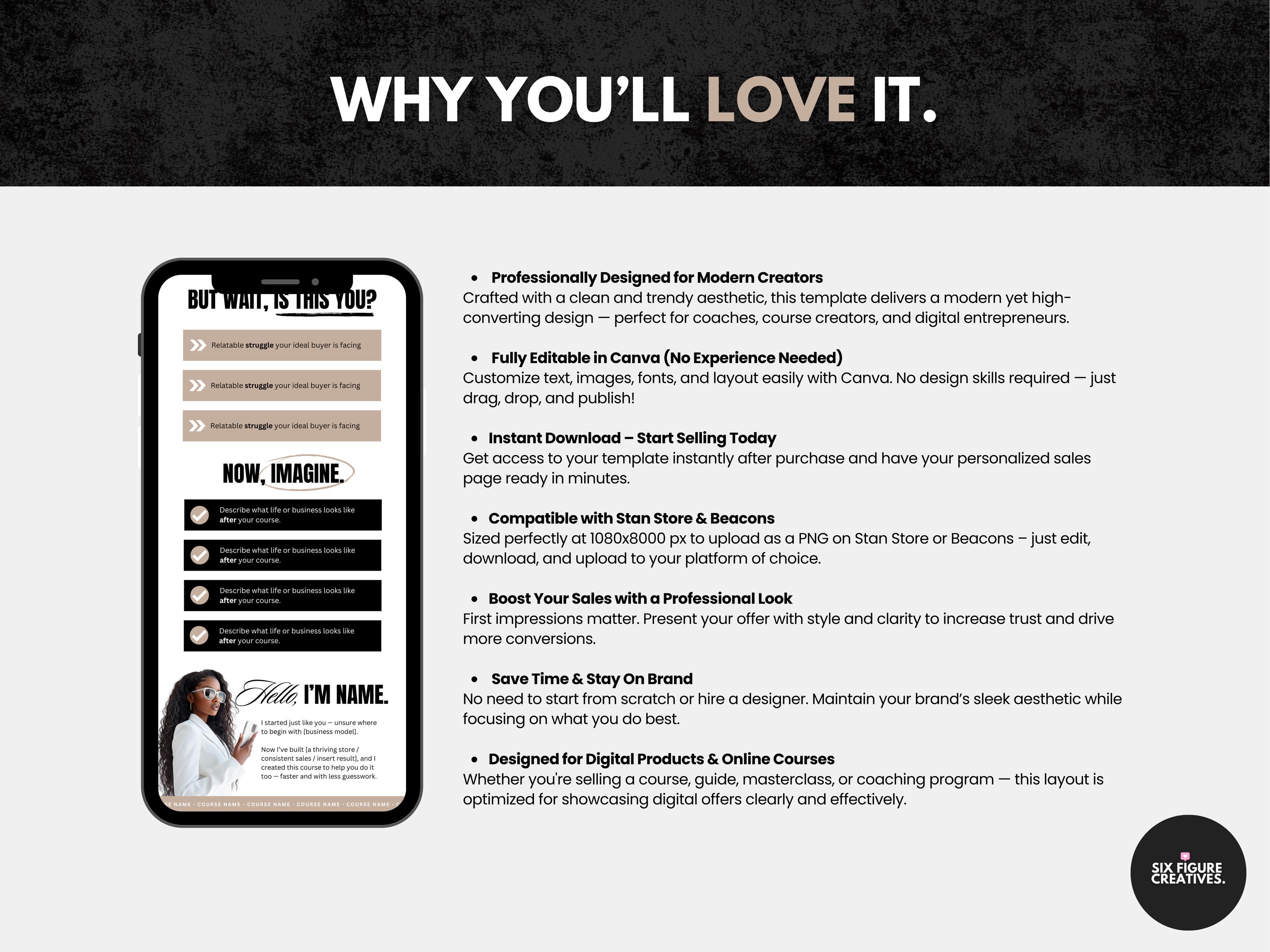 Beige Sales Page Template: Beacons & Stan Store, High-converting Canva ...