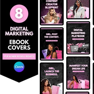 Pode incluir: Uma coleção de capas de ebooks de marketing digital com o texto "Digital Marketing Ebook Covers" e "PLR & MRR Resell Rights". As capas apresentam imagens de mulheres e textos como "Girl, Post the Content" e "Manifest Your Dream Life".