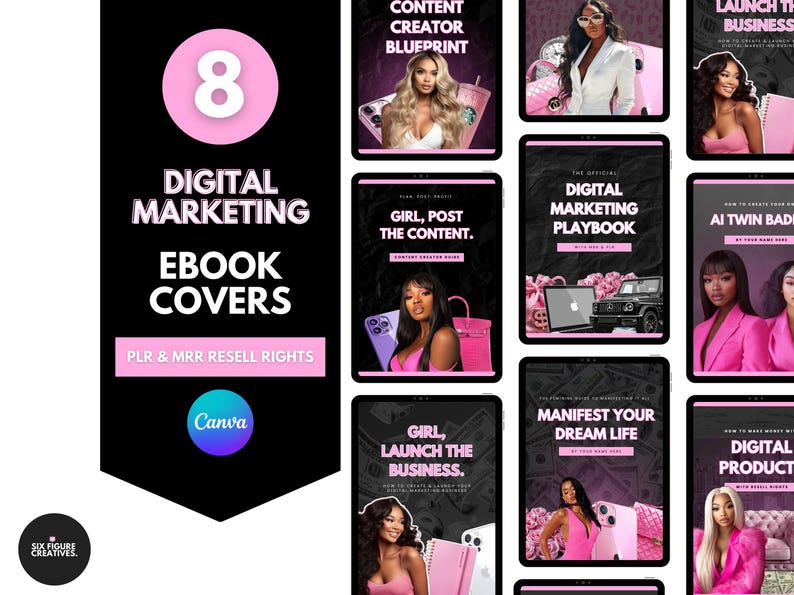 May include: A collection of digital marketing ebook covers with the text "Digital Marketing Ebook Covers" and "PLR & MRR Resell Rights". The covers feature images of women and text like "Girl, Post the Content" and "Manifest Your Dream Life".