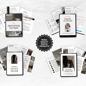 Puede incluir: Vista a&eacute;rea de cuatro tabletas que muestran gu&iacute;as y documentos digitales, rodeadas de p&aacute;ginas impresas. Los t&iacute;tulos incluyen "Digital Marketing Lead Magnet" y "Instagram Growth Guide". Un emblema en blanco y negro dice "Resell Quality Digital Products."