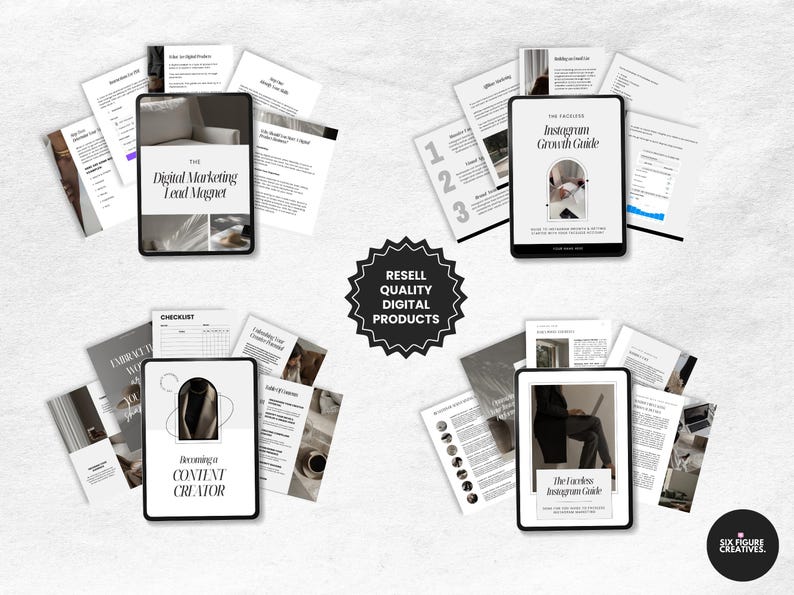 Puede incluir: Vista a&eacute;rea de cuatro tabletas que muestran gu&iacute;as y documentos digitales, rodeadas de p&aacute;ginas impresas. Los t&iacute;tulos incluyen "Digital Marketing Lead Magnet" y "Instagram Growth Guide". Un emblema en blanco y negro dice "Resell Quality Digital Products."