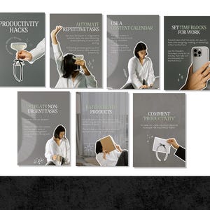 May include: A collection of six gray graphic designs with white text and illustrations. The designs offer productivity tips, including "Productivity Hacks," "Automate Repetitive Tasks," and "Set Time Blocks for Work."