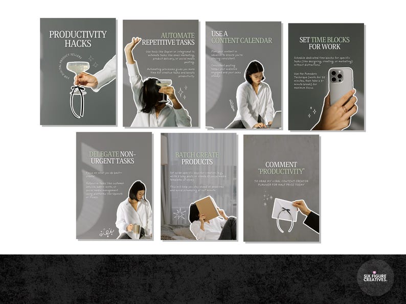 May include: A collection of six gray graphic designs with white text and illustrations. The designs offer productivity tips, including "Productivity Hacks," "Automate Repetitive Tasks," and "Set Time Blocks for Work."