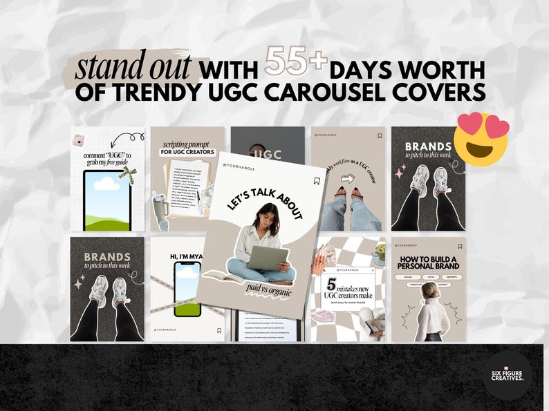 May include: A promotional graphic with the text "stand out with 55+ days worth of trendy UGC carousel covers." The image features a collage of social media post templates with various design elements and text overlays, including "Let's Talk About" and "Brands."