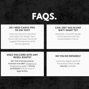 May include: A black and white graphic with the word "FAQS" in large white letters. Four white rectangular boxes contain questions and answers about the product, including Canva Pro usage, editing, resell rights, and refunds.