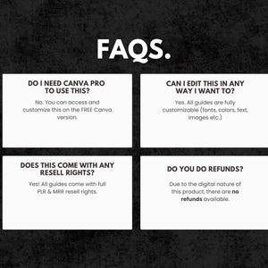 Puede incluir: Imagen con la palabra "FAQs" en blanco. Cuatro cuadros blancos presentan preguntas y respuestas sobre el producto, incluyendo el uso de Canva, edici&oacute;n, derechos de reventa y reembolsos. El fondo es negro texturizado.