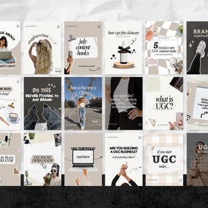 May include: A collection of Instagram posts with a beige and white color scheme. The posts cover topics like UGC, content creation, and branding. Each post features text and images, with phrases like "Let's Talk About" and "UGC Portfolio".