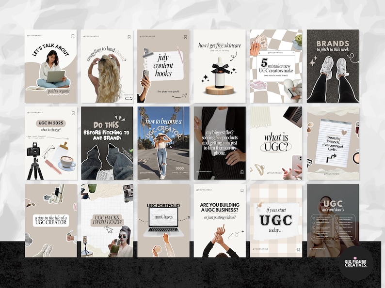 May include: A collection of Instagram posts with a beige and white color scheme. The posts cover topics like UGC, content creation, and branding. Each post features text and images, with phrases like "Let's Talk About" and "UGC Portfolio".