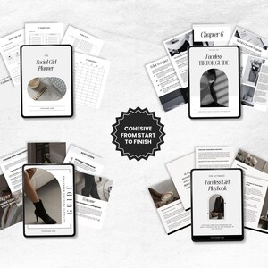 Puede incluir: Imagen en escala de grises que muestra cuatro tabletas rodeadas de p&aacute;ginas impresas. Las tabletas muestran gu&iacute;as como "The Social Girl Planner" y "Faceless TikTok Guide". El texto "COHESIVE FROM START TO FINISH" tambi&eacute;n es visible.