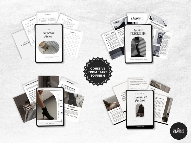 Puede incluir: Imagen en escala de grises que muestra cuatro tabletas rodeadas de p&aacute;ginas impresas. Las tabletas muestran gu&iacute;as como "The Social Girl Planner" y "Faceless TikTok Guide". El texto "COHESIVE FROM START TO FINISH" tambi&eacute;n es visible.