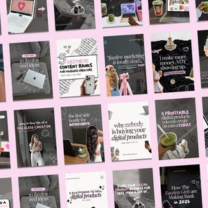 May include: A series of social media posts on a pink backdrop, discussing faceless branding, digital products, and content creation. Each post has distinct designs and colour schemes, with text and graphics.
