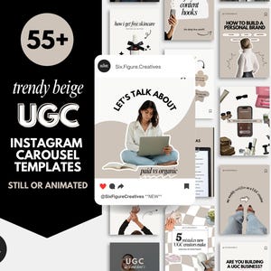 May include: A collection of Instagram carousel templates in a trendy beige color scheme. The templates are for UGC (User Generated Content) and include the text "55+" and "Instagram Carousel Templates". The templates are available in still or animated formats.