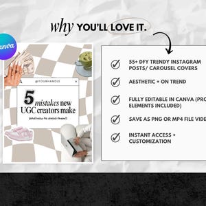 May include: An image with the text "why YOU'LL LOVE IT." and a Canva logo. The image includes a graphic with the text "5 mistakes new UGC creators make." Additional text highlights features like trendy Instagram posts, aesthetic design, and Canva editing.