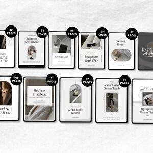 Puede incluir: Una colecci&oacute;n de gu&iacute;as digitales mostradas en tabletas, cada una con un dise&ntilde;o minimalista. Los t&iacute;tulos incluyen "Becoming a Content Creator", "Instagram Growth Guide" y "Your Course & Webinar". Se indica el n&uacute;mero de p&aacute;ginas.