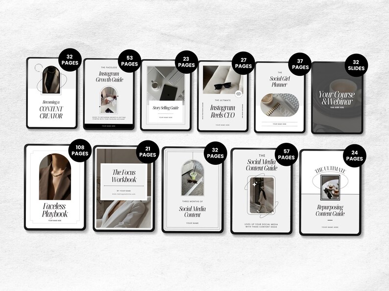 Puede incluir: Una colecci&oacute;n de gu&iacute;as digitales mostradas en tabletas, cada una con un dise&ntilde;o minimalista. Los t&iacute;tulos incluyen "Becoming a Content Creator", "Instagram Growth Guide" y "Your Course & Webinar". Se indica el n&uacute;mero de p&aacute;ginas.