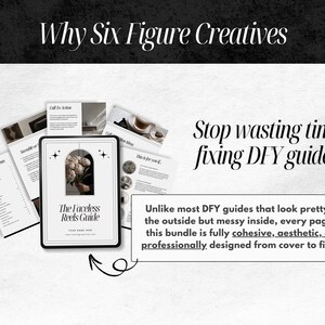 Puede incluir: Imagen de un conjunto de gu&iacute;as titulado "The Faceless Reels Guide" con una imagen floral en la portada. Tambi&eacute;n se ve el texto "Why Six Figure Creatives" y "Stop wasting time fixing DFY guides". Las gu&iacute;as se describen como cohesivas, est&eacute;ticas y dise&ntilde;adas profesionalmente.