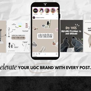 May include: An Instagram-style graphic with a smartphone displaying UGC content examples. The image includes text like "UGC Portfolio," "What You Need as a UGC Creator," and "Elevate Your UGC Brand." The overall theme is social media marketing.