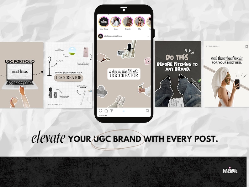 May include: An Instagram-style graphic with a smartphone displaying UGC content examples. The image includes text like "UGC Portfolio," "What You Need as a UGC Creator," and "Elevate Your UGC Brand." The overall theme is social media marketing.