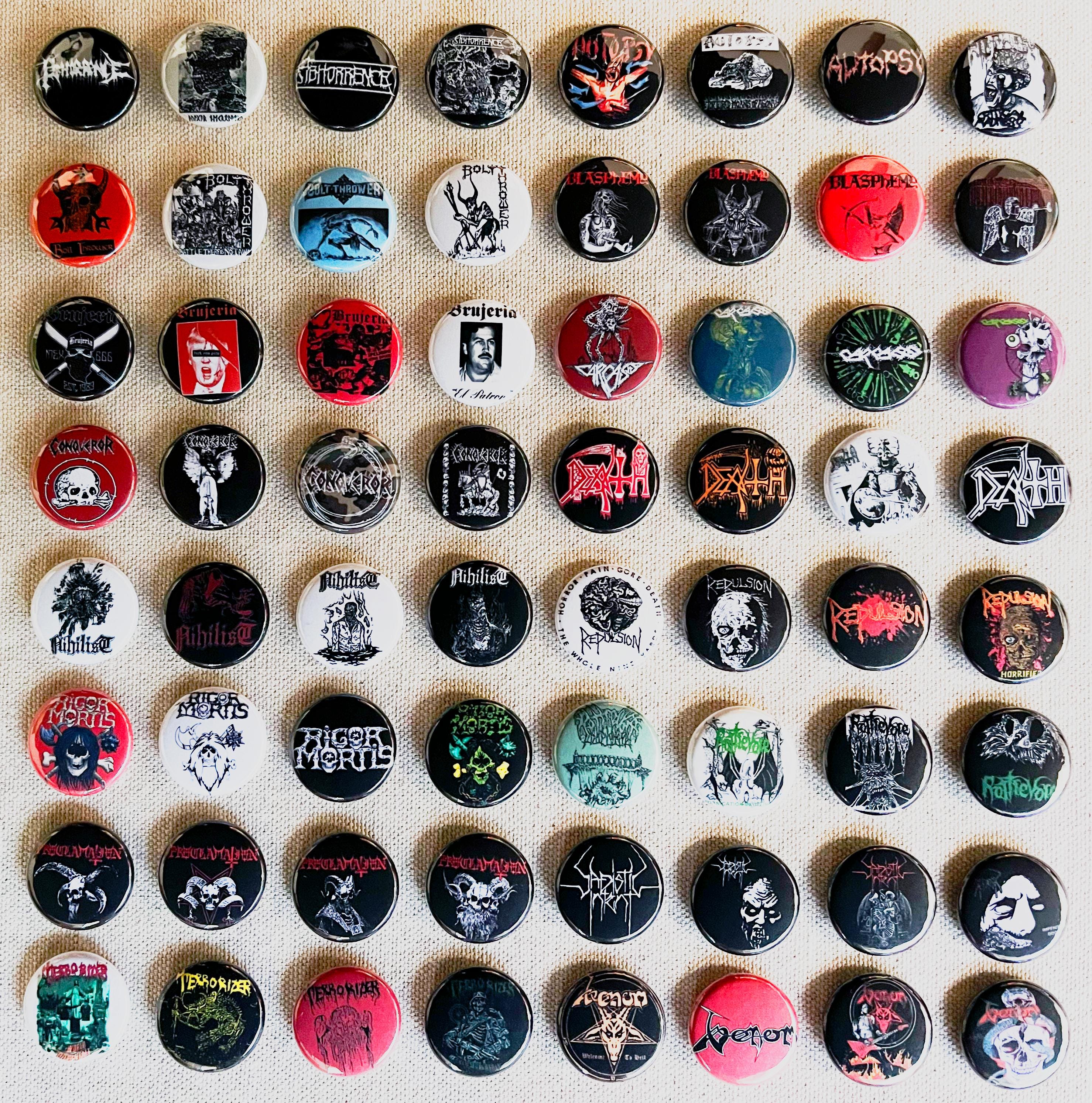 Classic Heavy Metal 1-Button Pin Set #2 – NWOBHM Bands: Raven, Warlord, Tyrant, Exciter (Made In USA)