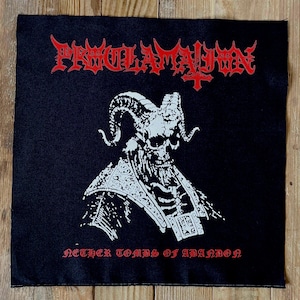 May include: Black square patch featuring a white illustration of a horned skull with a detailed robe. The word "PROCLAMATION" is in red above the skull, and "NETHER TOMBS OF ABANDON" is in red below.