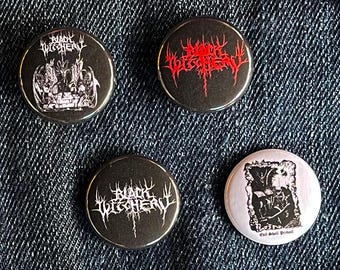 May include: Four round black and white metal pinback buttons. Three buttons feature the text "Black Witherry" in a gothic font. One button has the text "Call Hell Berserk" and a black and white illustration.