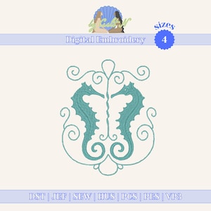 Mirrored Seahorses Machine Embroidery Design – Ocean Symmetry Seahorse Pair with Scrollwork, Beach Nautical Decor, Digital File PES DST JEF
