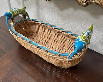 Nautical Ceramic Fish Wicker Basket - Coastal/Ocean/Beach Decor