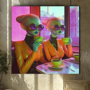 Intergalactic Tea Oil Painting: Retro-Futuristic Alien Art, 36x36 in
