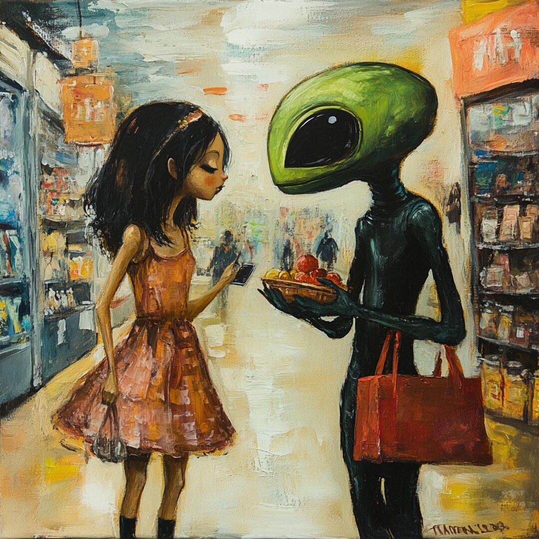 Original Oil Painting: Alien and Human Couple - Surreal Interstellar ...
