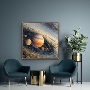 May include: A framed abstract painting of a planetary system. The artwork features a large, orange and brown planet with swirling rings, surrounded by smaller celestial bodies against a dark blue and white speckled background.
