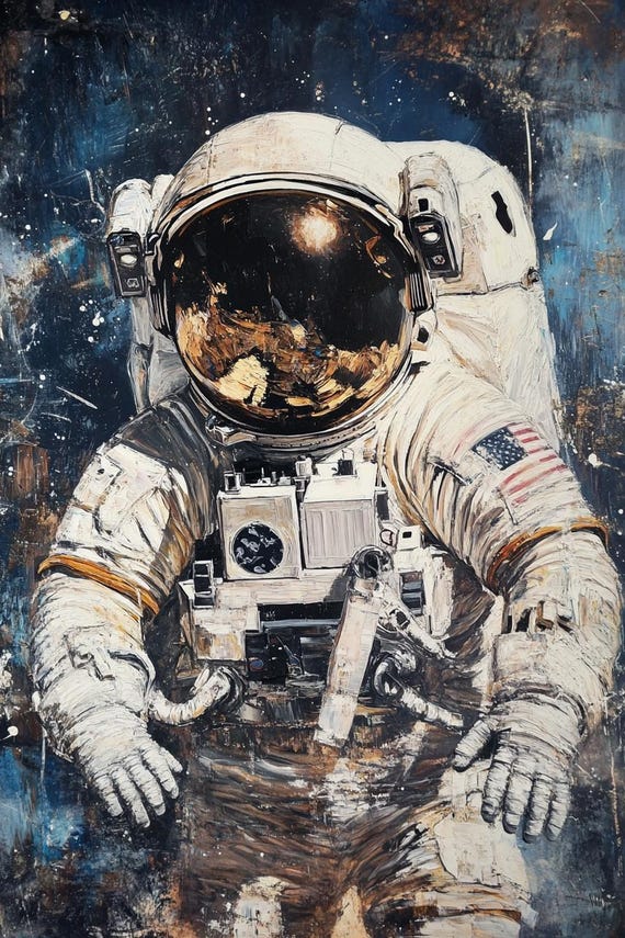 宇宙飛行士のオリジナル絵画：54x36インチの宇宙服アート（未延伸