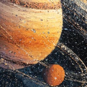 May include: An artistic depiction of celestial bodies, featuring a large planet with bands of brown and tan hues, alongside a smaller, reddish-brown sphere. The background is a dark, speckled space with shimmering lines.