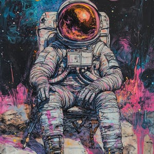 Seated Astronaut in Colorful Galaxy, Cosmic Canvas Painting, Space Wall Art, one of a kind by Alien, Outer Space Artwork 54 x 36 inch