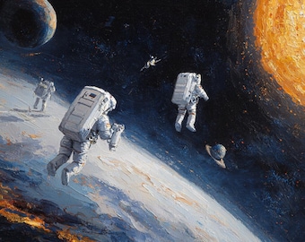 Astronauts in Space Original Painting, Cosmic Wall Art, Solar Exploration Artwork, One of a Kind by Alien 38"*38"