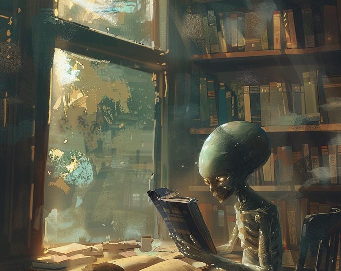 Alien Reading in a Library, Original Surreal Painting, Cosmic Knowledge ...