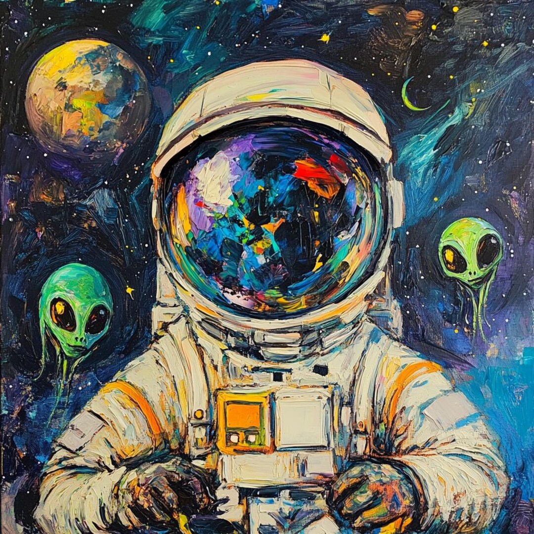 Original Astronaut and Alien Oil Painting: Galactic Encounter Space Art ...