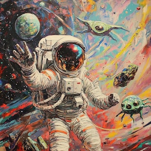 Astronaut and Aliens Oil Painting: Intergalactic Cosmos Wall Art