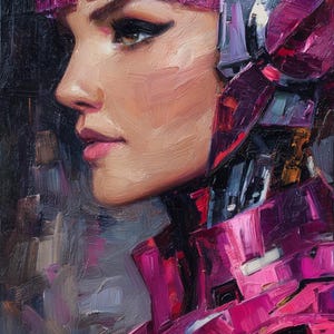 Cyberpunk Girl Oil Painting: Futuristic Female Cyborg Portrait, 54x36 inch