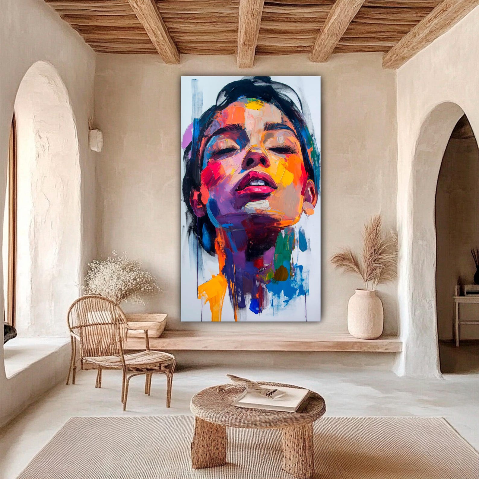 Abstract Face Oil Painting: Extra Large Colorful Canvas Art (72x36 In ...