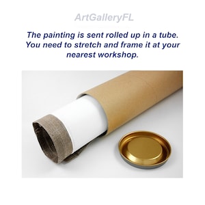 May include: A rolled-up painting in a brown cardboard tube with a gold-colored lid. The painting is white and has a brown border. Text on the image says the painting needs to be stretched and framed.
