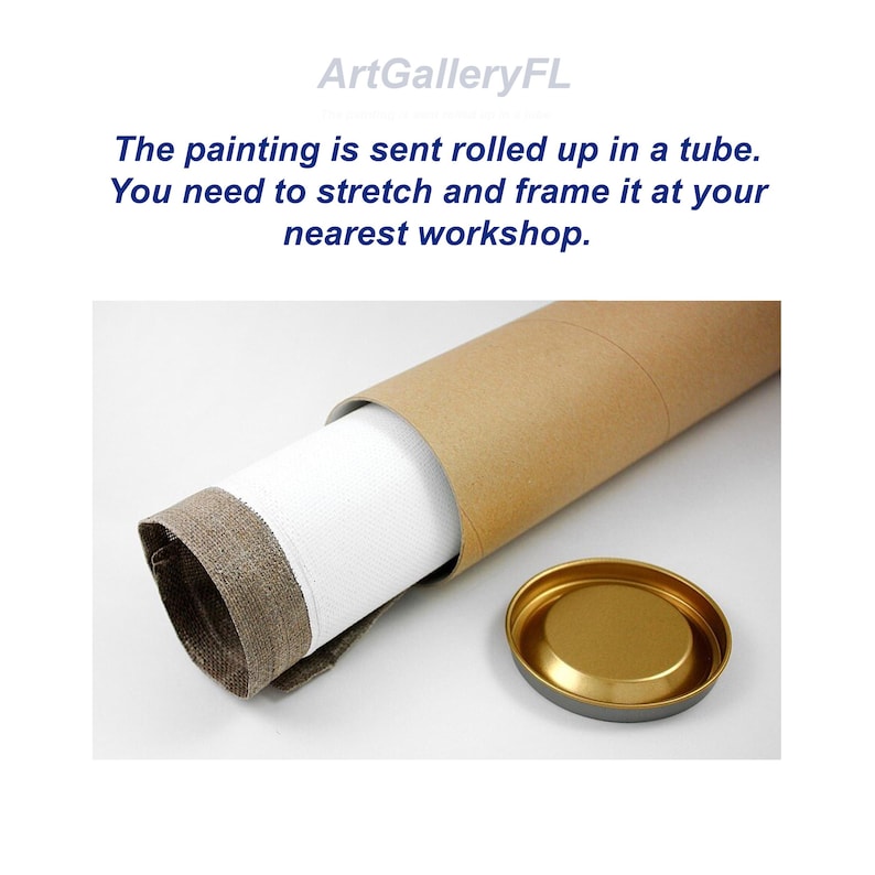 May include: A rolled-up painting in a brown cardboard tube with a gold-colored lid. The painting is white and has a brown border. Text on the image says the painting needs to be stretched and framed.